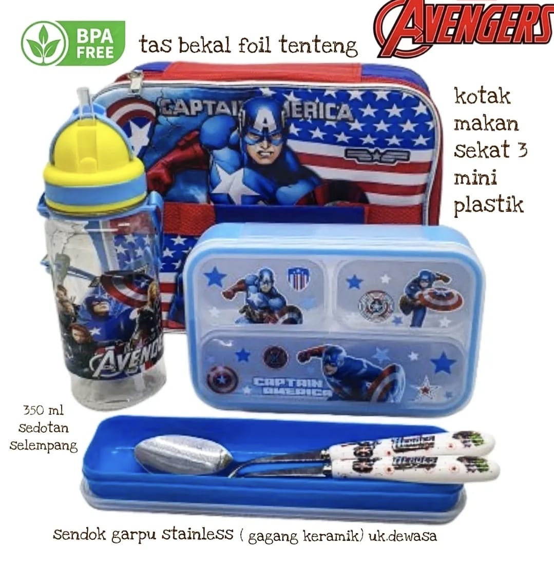 Set Bekal Anak Avengers - Karakter lucu untuk sekolah dengan lunch box, botol minum, dan peralatan makan lengkap