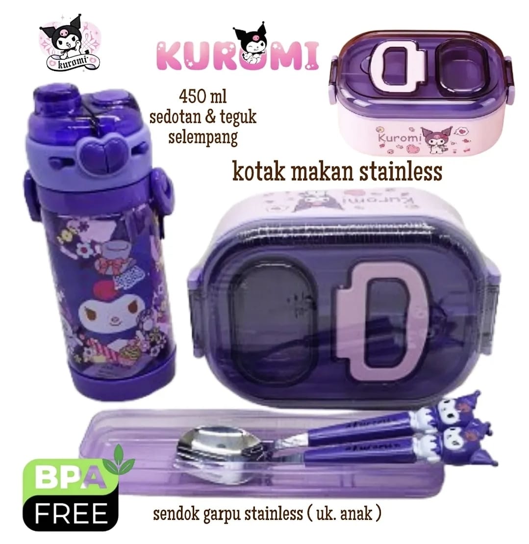 Set Bekal Kuromi Stainless - Karakter lucu untuk sekolah dengan lunch box, botol minum, dan peralatan makan lengkap
