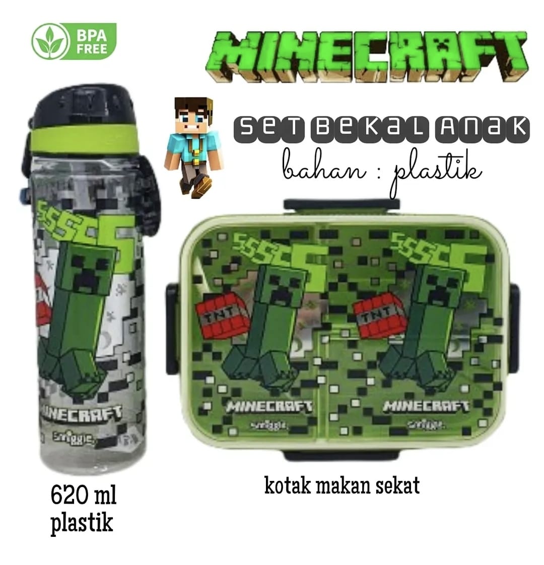 Set Bekal Anak Minecraft - Karakter lucu untuk sekolah dengan lunch box, botol minum, dan peralatan makan lengkap