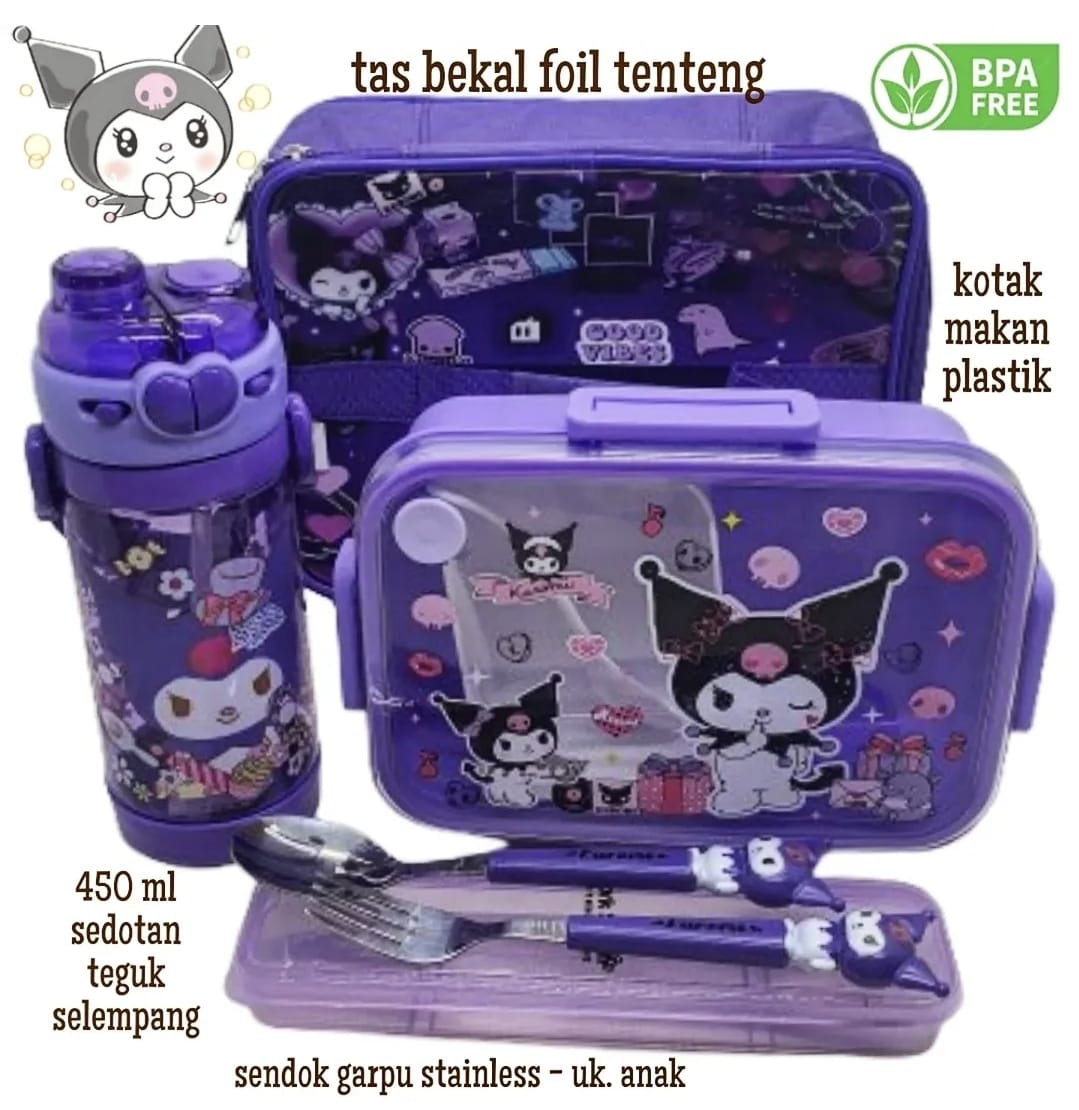 Set Bekal Tas Foil Stainless - Karakter lucu untuk sekolah dengan lunch box, botol minum, dan peralatan makan lengkap