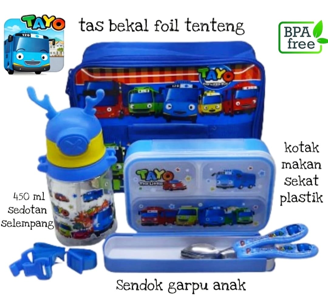 Set Bekal Tayo - Karakter lucu untuk sekolah dengan lunch box, botol minum, dan peralatan makan lengkap
