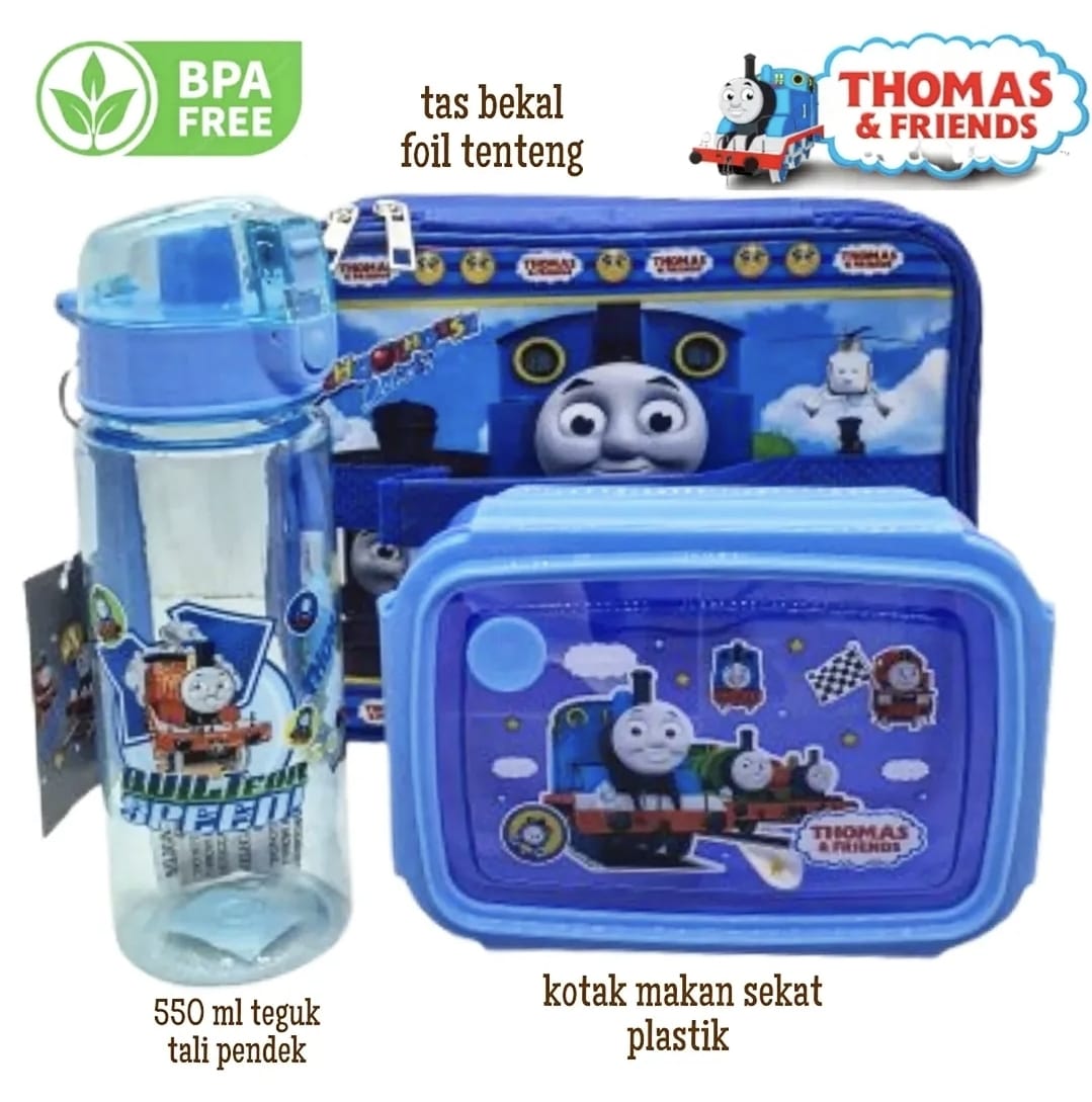 Set Bekal Thomas Lengkap - Karakter lucu untuk sekolah dengan lunch box, botol minum, dan peralatan makan lengkap