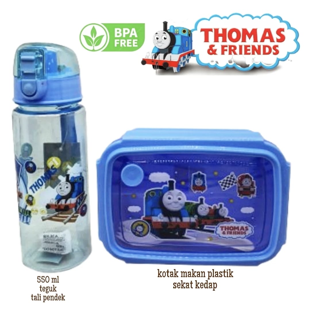 Set Bekal Thomas Simple - Karakter lucu untuk sekolah dengan lunch box, botol minum, dan peralatan makan lengkap